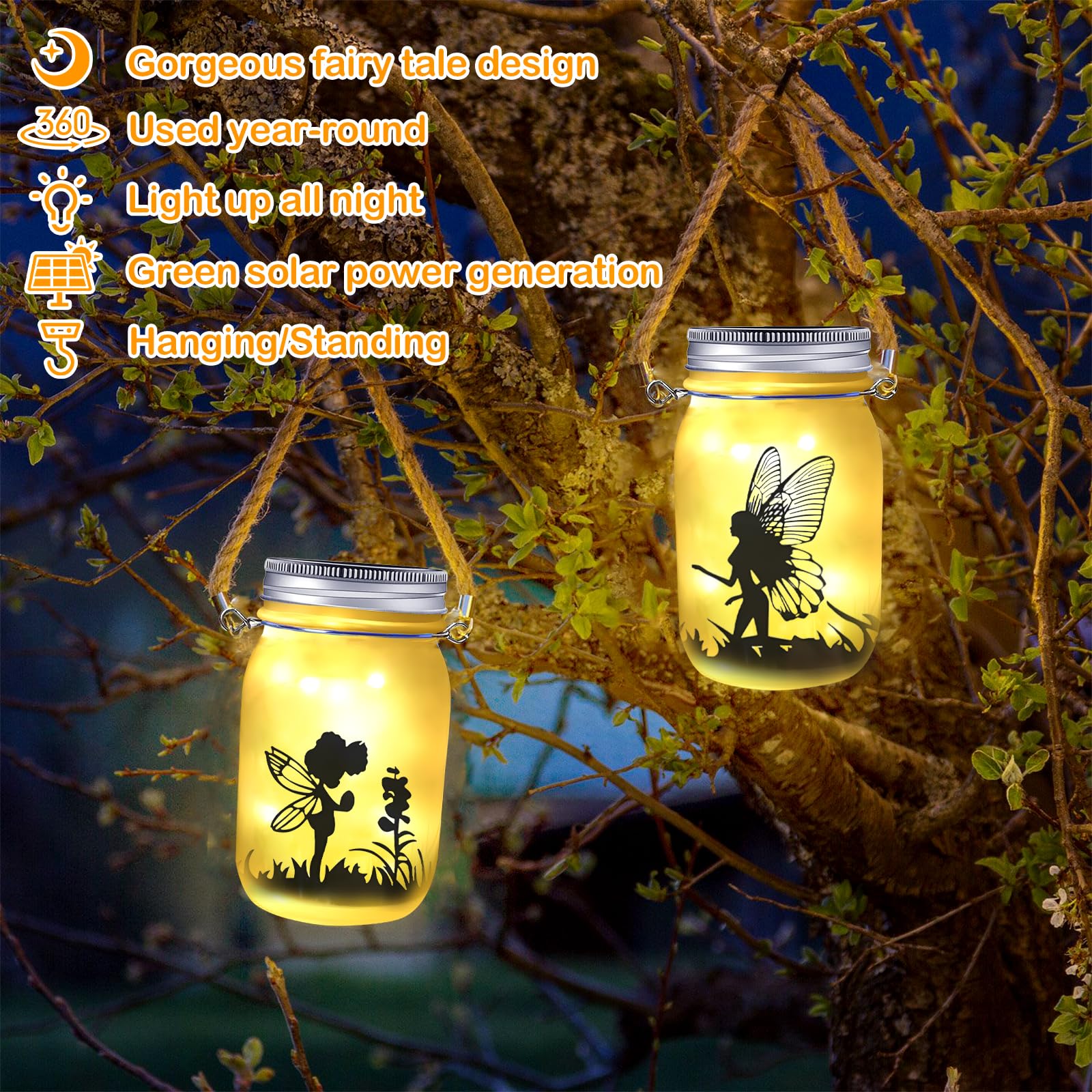 EUZLABBY 2 Pièces Lanterne Solaire Extérieur Pot Mason Féerique Lumière Verre Jardin Étanche IP65 Suspendre Ou Plat