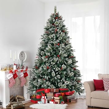8 Foot Christmas Tree Artificial with Folding Metal Stand, Unlit Realistic Christmas Tree with Pinecones & Berries, Snow Frosted, Easy Assembly 8Ft