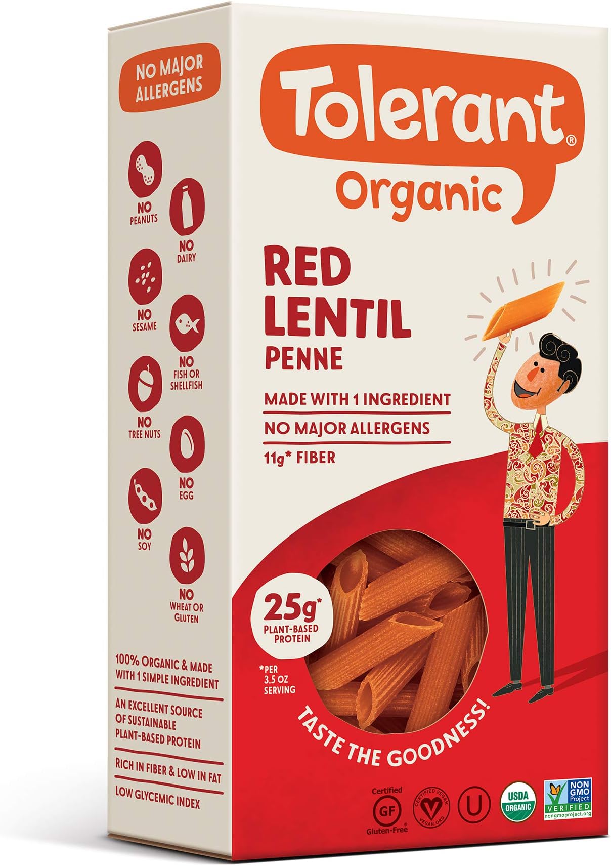 Tolerant Organic Red Lentil Penne Pasta Free from Allergens - Gluten Free, Vegan, Paleo, Plant Based Protein Pasta - Non GMO, Kosher - Made with 1 Single Ingredient, 8 Ounce (Pack of 1)