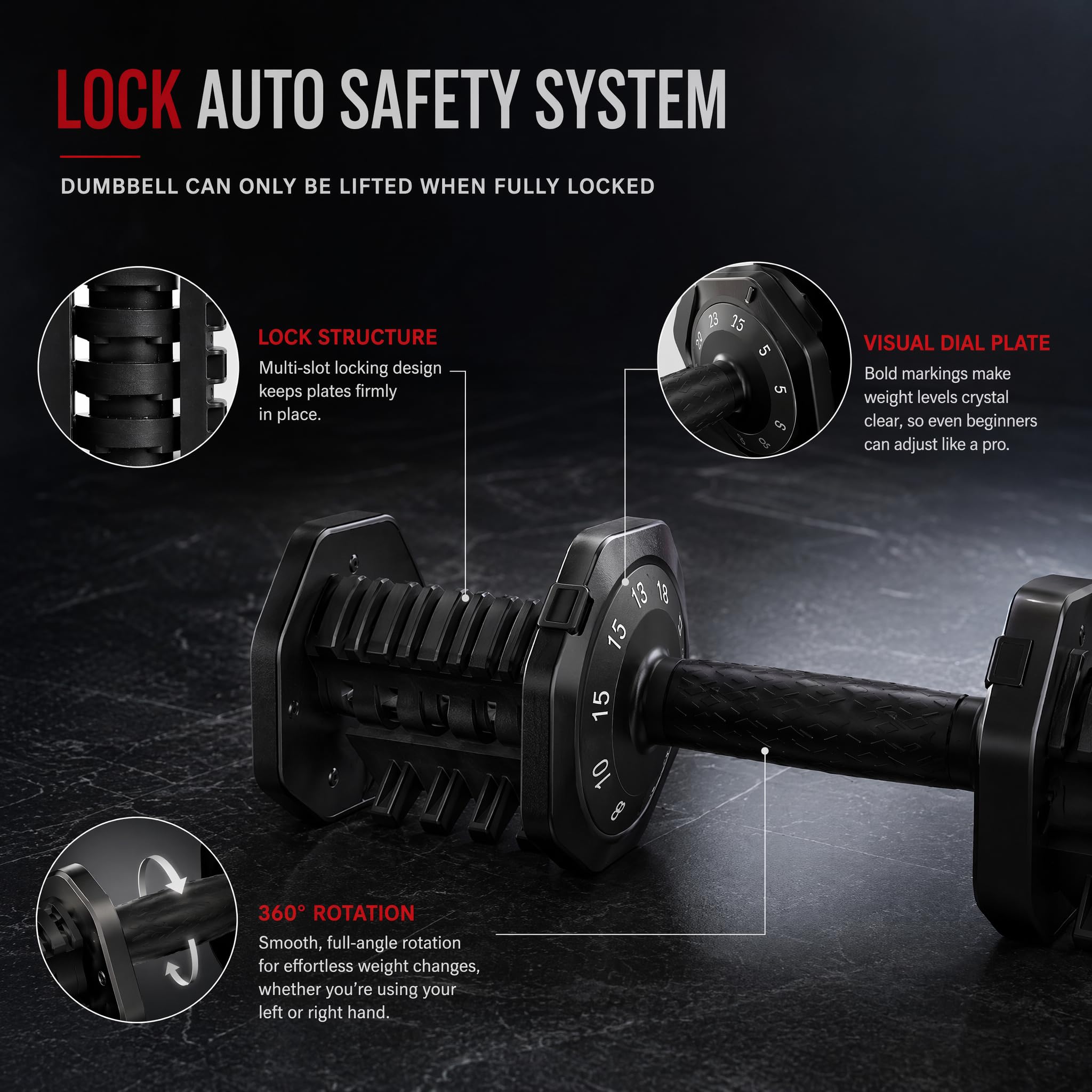 Adjustable Dumbbell 25LB Pair Dial Quick Change Anti-Roll | 25LB pair (5-30lbs total). 10-in-1 dial system, octagonal anti-roll, auto-lock. Storage stand, non-slip grip. Home gym.