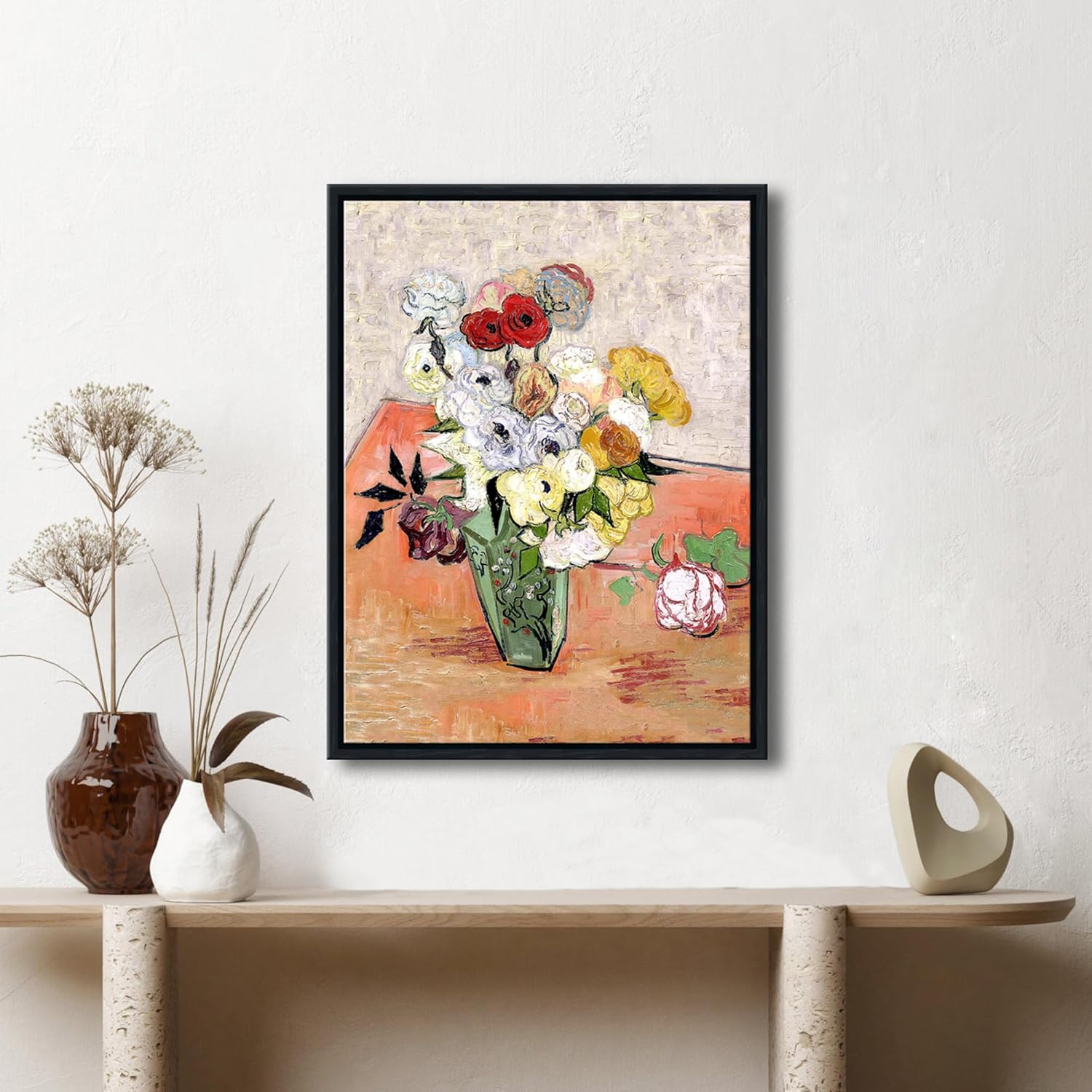 Pyradecor Black Framed Wall Art Abstract Flowers Artwork Japanese Vase with Roses and Anemones by Vincent Van Gogh Oil Paintings Reproduction for Office Bedroom Decorations