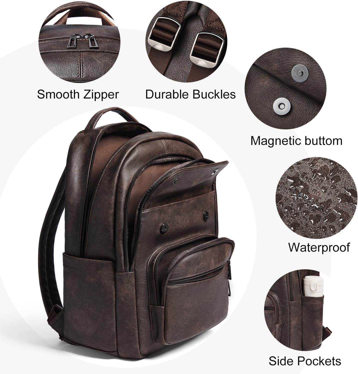 37L Backpack Purse for Women Men for Work Laptop Travel Back Pack Purses Vegan Leather Fashion College Daypack Coffee - Image 5