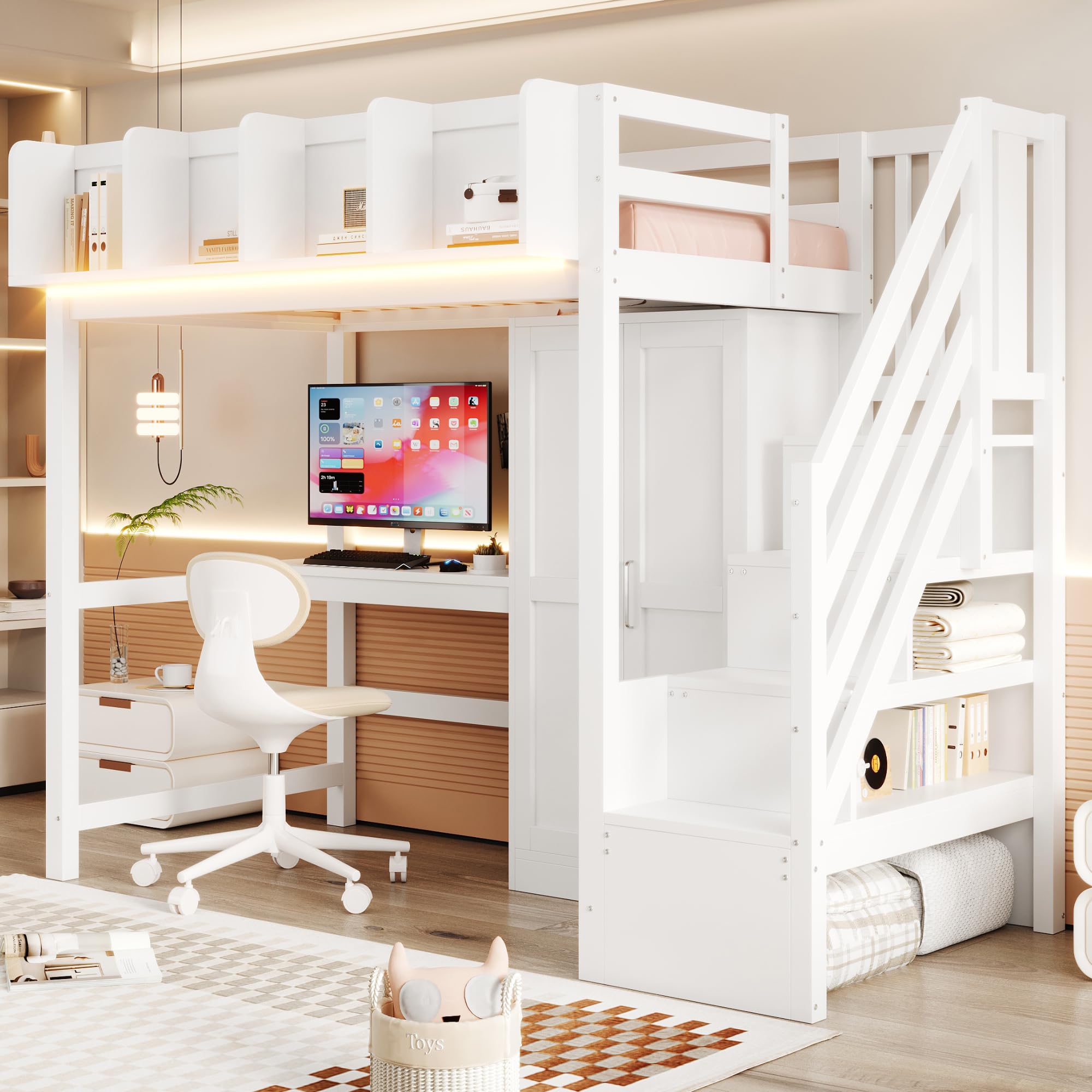 Multifunktionales Hochbett 90x200 cm mit LED-Beleuchtung und USB-Anschlüsse, Kinderbett mit Treppe Stauraum und Schreibtisch, Holzbett mit Kleiderschrank, Weiß-A(Ohne Matratze)
