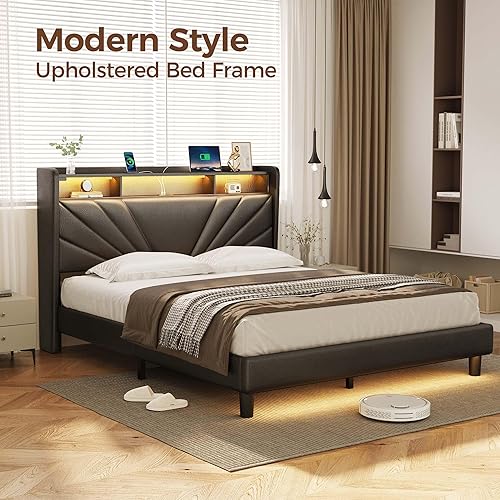 Miniatura 31 de Rolanstar Base de cama tamaño King, cabecera de almacenamiento con estación de carga y luces LED, cama tapizada con listones de madera resistentes,
