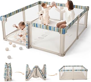 Sweeby Baby Playpen, 79x71 Inch Baby Gate Playpens for Babies and Toddlers, Extra Large Playpen with Door Play Yard for Fence Indoor and Outdoor Play Pen, Khaki Stripe