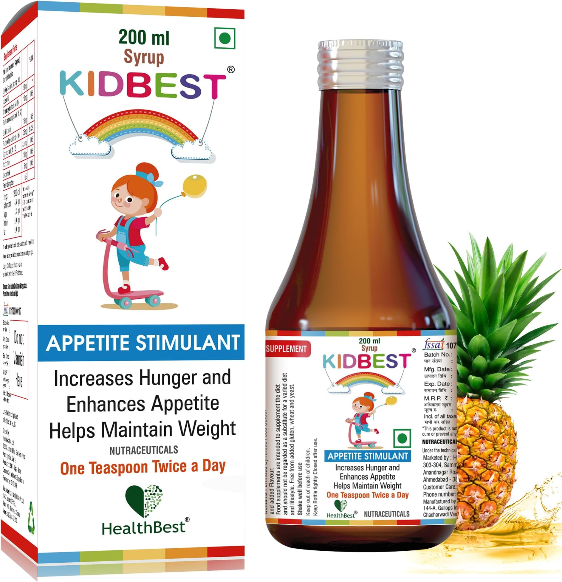Kidbest Appetite Booster for Kids 3-13 Yrs with L-Lysine & B Vitamins Syrup, Helps Healthy Weight Gain, Pineapple Flavor, Increases Hunger, Appetite Stimulant, 200ml