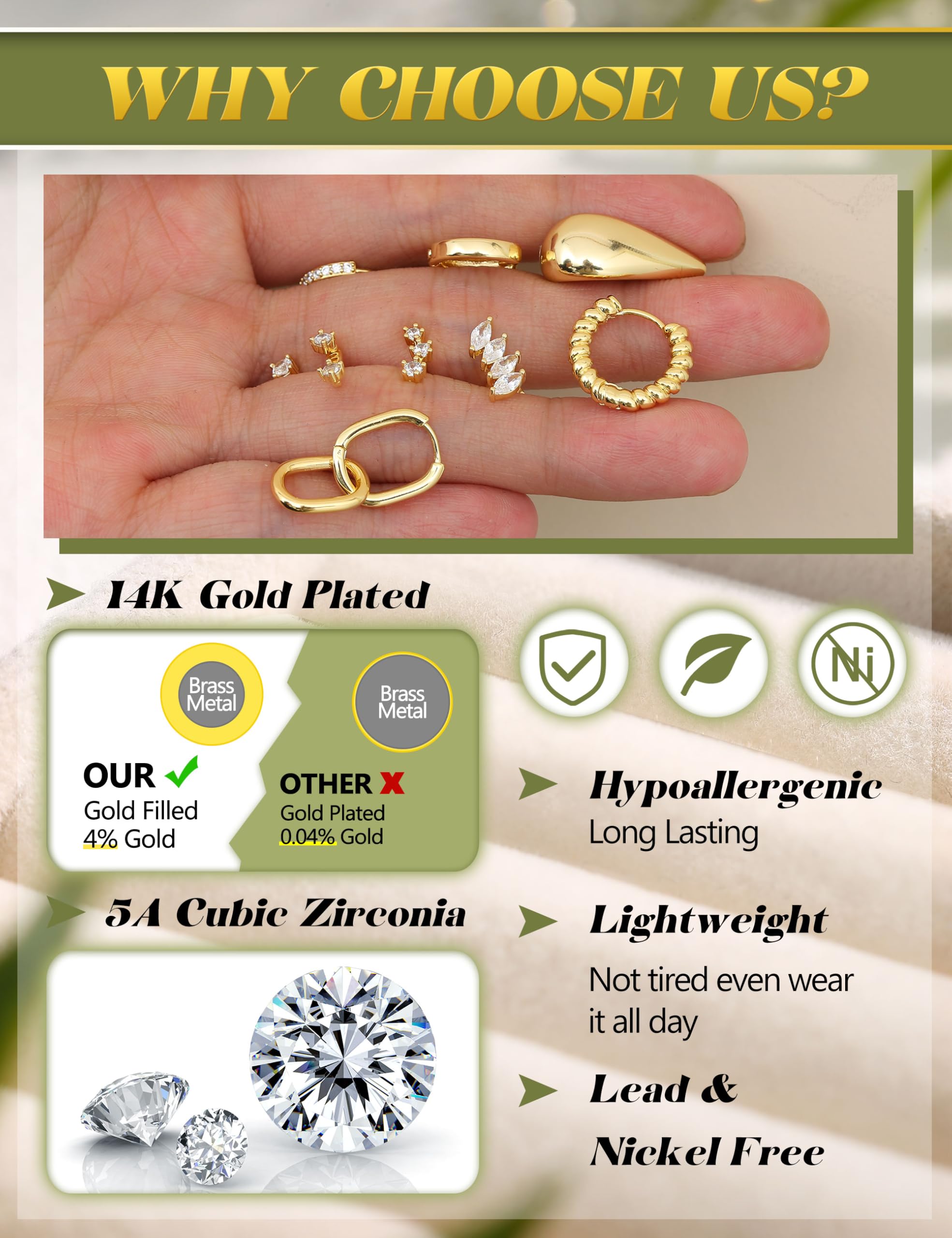 Aretes de aro hipoalergénicos chapados en oro de 14 quilates para mujer, aretes de aro pequeños de acero inoxidable para cartílago para múltiples piercings, ligeros, 9 pares, Chapado en oro de 4