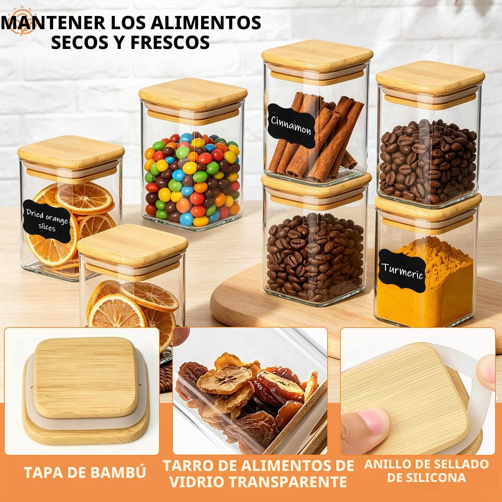 Tarros de especias de vidrio con tapa de bambú y etiqueta, paquete de 12 recipientes cuadrados de vidrio de 8 onzas/250 ml, tarros de especias de vidrio herméticos con tapas, recipiente de vidrio para