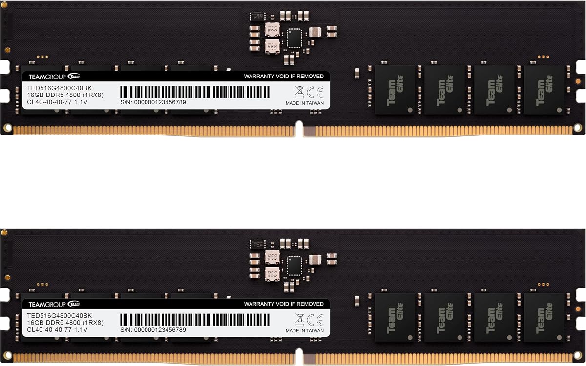 TEAMGROUP Elite DDR5 32GB Kit (2x16GB) 4800MHz (PC5-38400) CL40 Non-ECC Unbuffered 1.1V UDIMM 288 Pin PC Computer Desktop Memory Module Ram Upgrade - TED532G4800C40DC01
