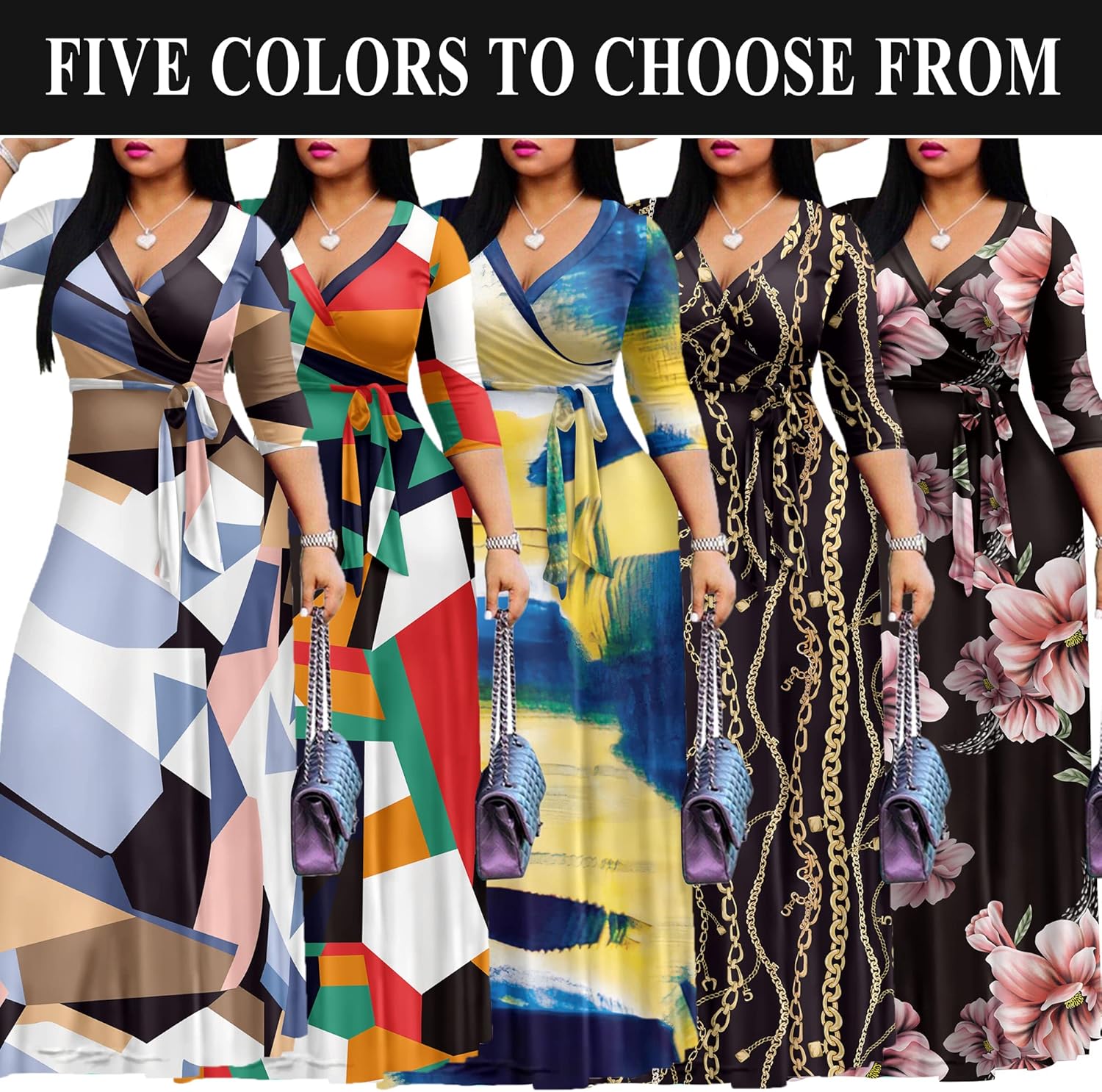 AOMONI Women's Floral Print Maxi Dresses Summer with Pockets Casual 3 4 Sleeve V-Neck Wrap Tie Waist Long Dress, M-3XL - Image 5