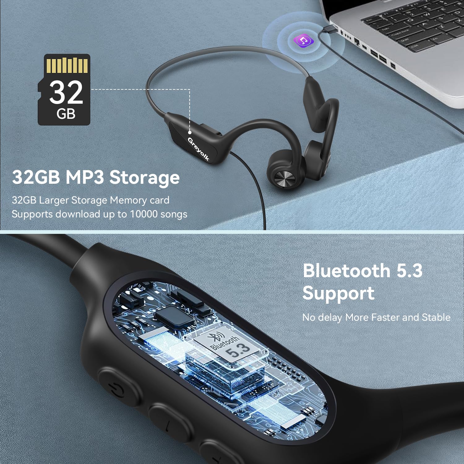 Casque Conduction Osseuse Bluetooth 5.3, Ecouteur Waterproof Natation, Mémoire MP3 32G Intégrée, Lecteur MP3 Étanche IP68, Écouteur Natation pour Course à Pied, Natation, Cyclisme