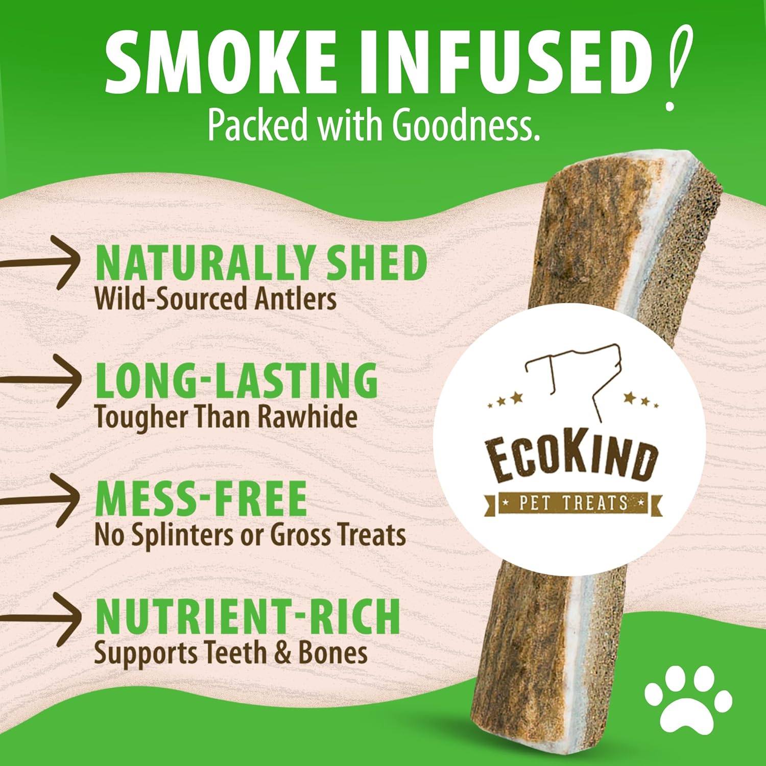 EcoKind Smoked Elk Antler Dog Chews – Natural Split Antlers, Long-Lasting Chew, Elk Antlers Treats for Medium Dogs Weighing 15-30 lbs, Splinter-Free, Supports Dental Health – 2 Medium Smoked Antlers