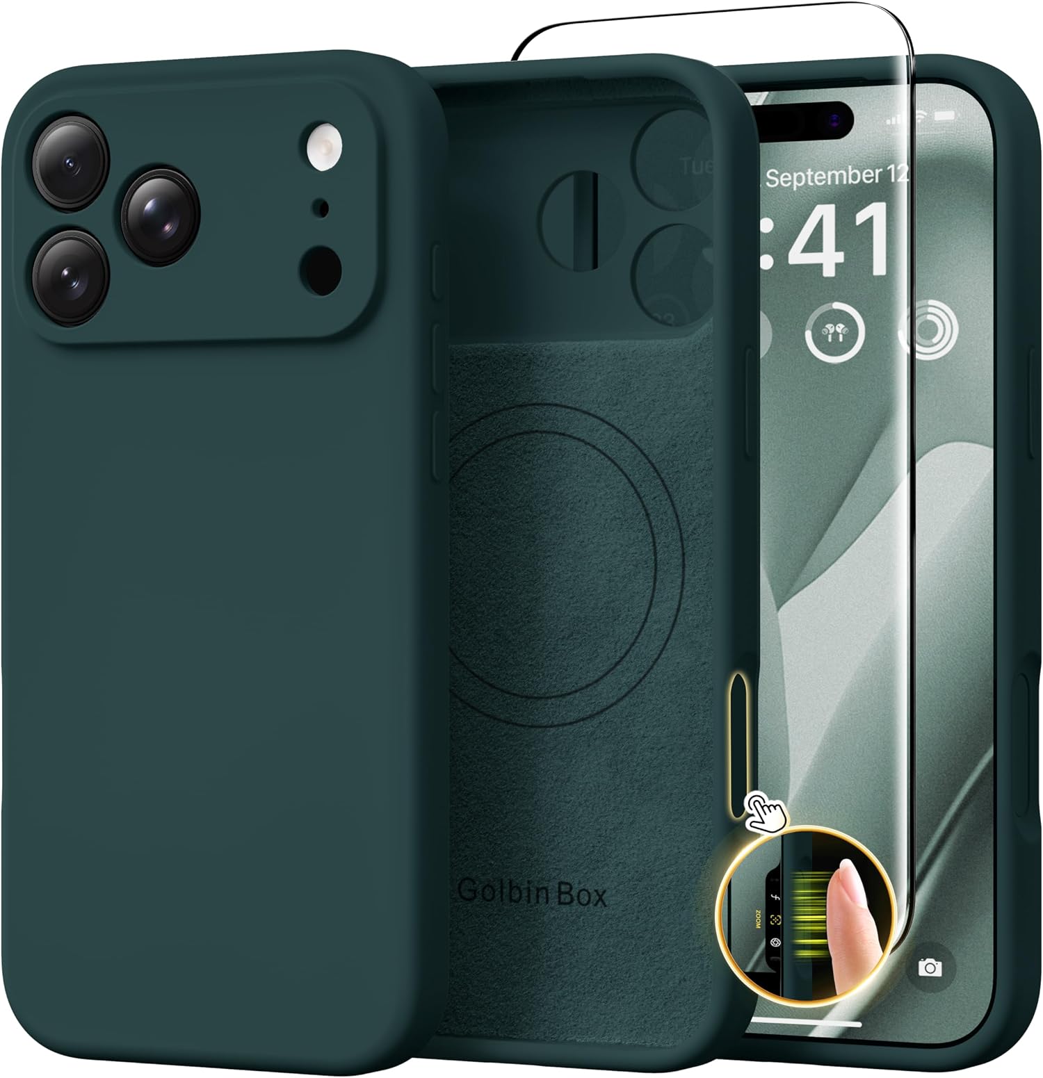 GolbinBox Magnetic for iPhone 17 Pro Case, Compatible with MagSafe, [Full Camera Protection] [Screen Protector], Silicone Shockproof Phone Cover with Anti-Scratch Microfiber Lining, Olive Green