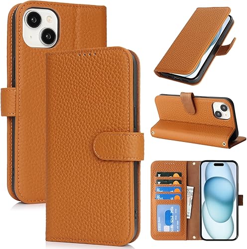 Vista 112 de Zouzt Funda para iPhone 11 de 6.1 pulgadas de piel auténtica con 4 ranuras para tarjetas, tarjetero con bloqueo RFID, tapa magnética, función atril