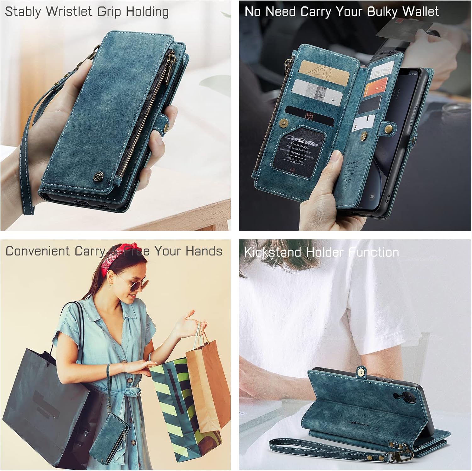 Defencase for iPhone XR Case, iPhone XR Wallet Case for Women Men, iPhone XR Case with Card Holder, Durable PU Leather Flip Magnetic Strap Zipper Wallet Purse Phone Case for iPhone XR, Blue Green