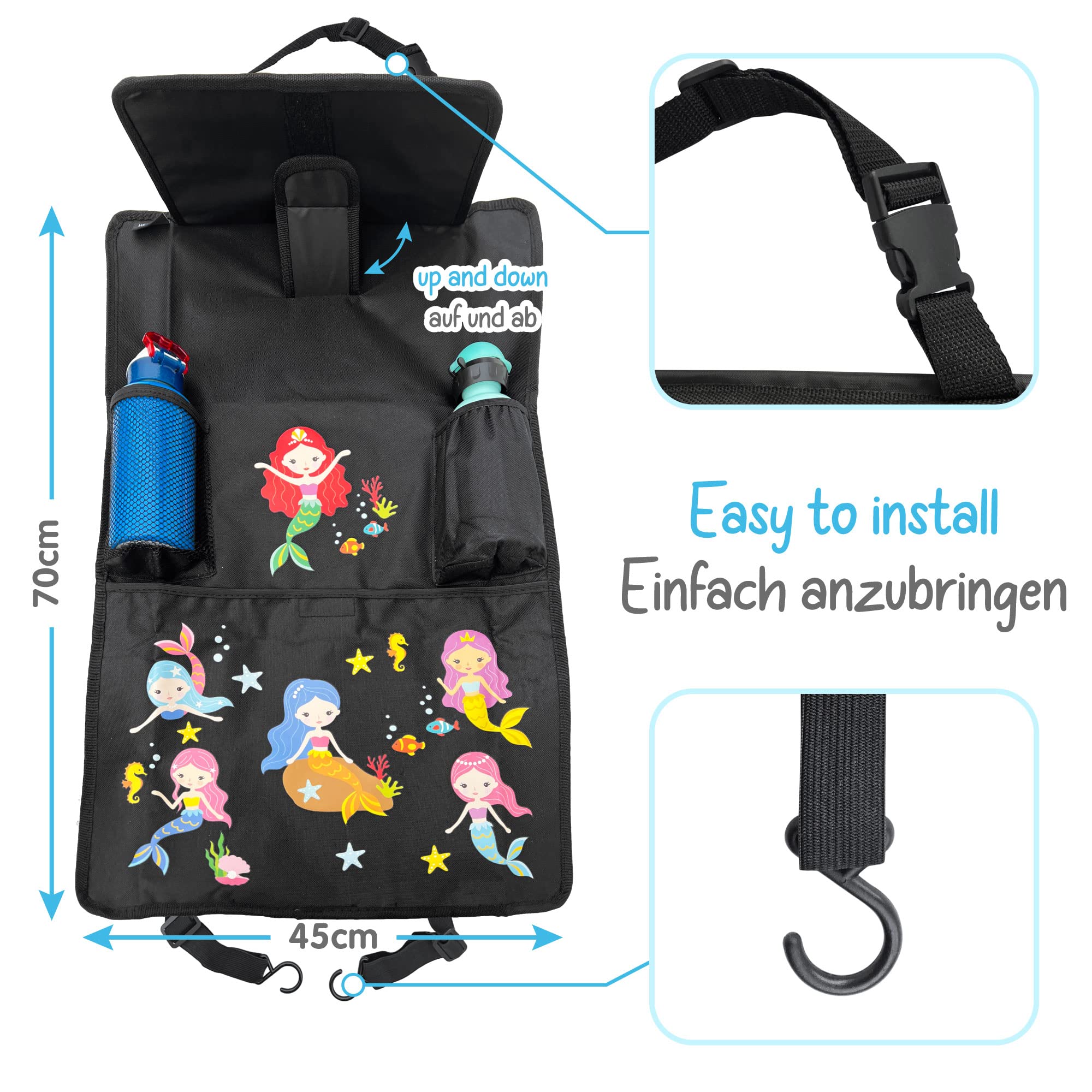 HECKBO 2x Children’s Car Seat Back Protector Organisers with Adjustable Tablet Holder & Storage Pockets - Mermaid Design - Image 4