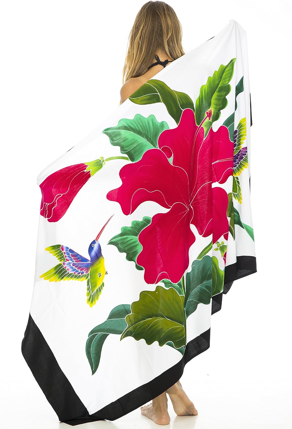 Back From Bali Womens Sarong Coverup Hand Painted Flower Swimsuit Wrap Skirt Beach Pareo with Coconut Clip - Image 3