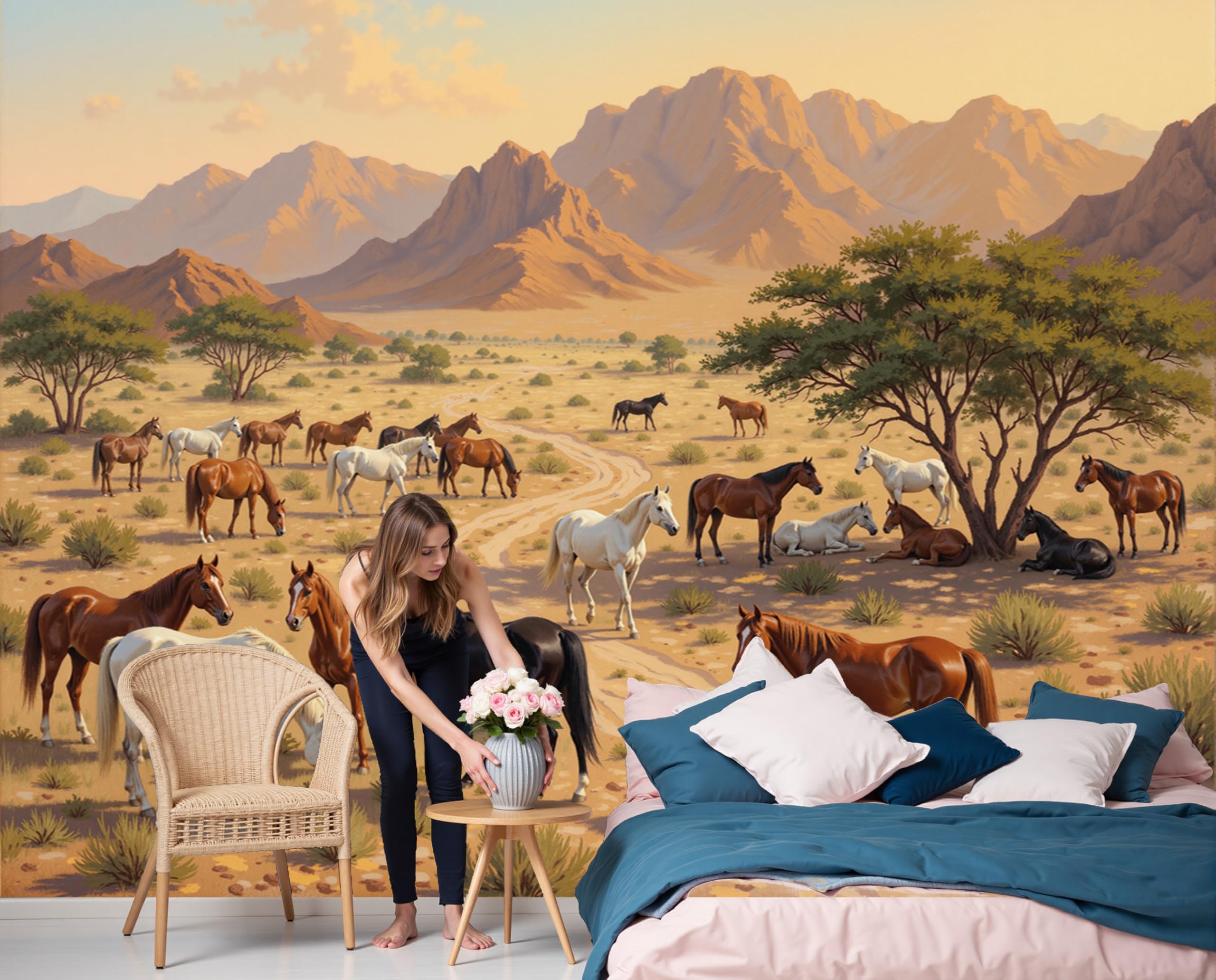 Papier peint panoramique intissé chevaux sauvages décoration murale ocre