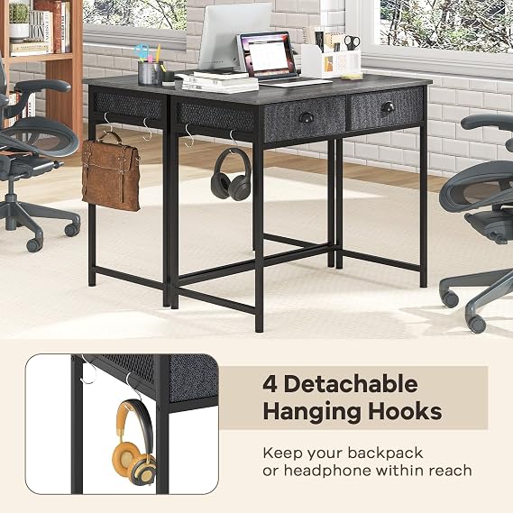 COSTWAY Computer Desk with 2 Drawers & 4 Hooks, 90 x 45 x 75 cm (Grey)