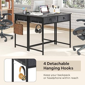 COSTWAY Computer Desk with 2 Drawers & 4 Hooks, 90 x 45 x 75 cm (Grey)