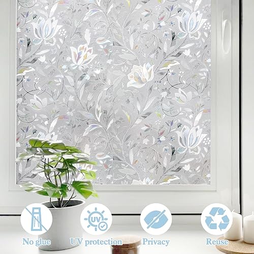 Miniatura 4 de WPCTEV Película 3D para ventana, sin pegamento, privacidad para adhesivo de vidrio, adherencia estática, control de calor, anti UV, no adhesivo,