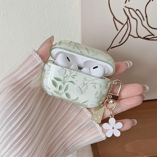 Miniatura 2 de MINSCOSE Funda transparente compatible con AirPods ProPro2, bonito diseño de patrón de flores con llavero floral, funda protectora de TPU suave a