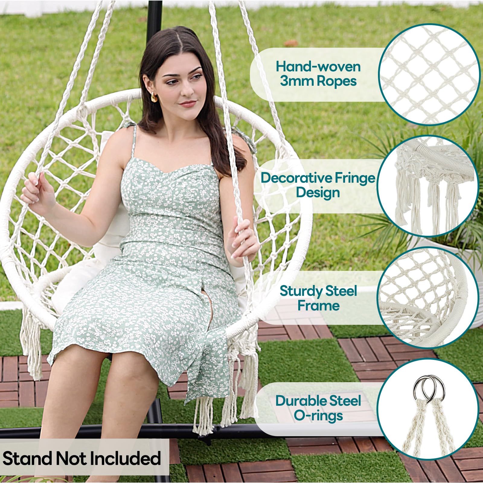 Silla colgante de macramé, silla colgante de máximo 330 libras, silla hamaca con 2 cojines y kits de herramientas, silla de cuerda de algodón para interiores y exteriores, dormitorio, patio, 3