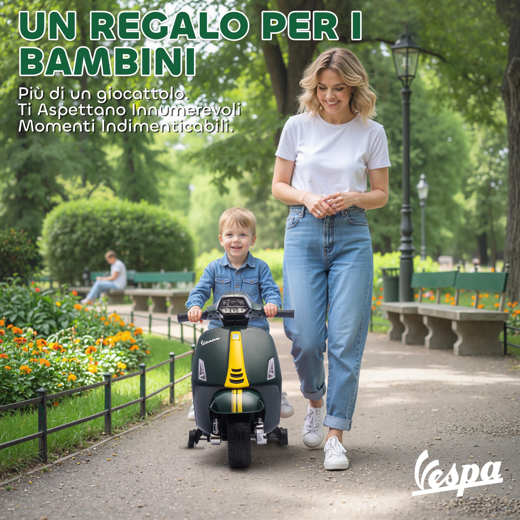 AIYAPLAY Moto Elettrica per Bambini con Licenza Vespa Ufficiale, Motorino per Bambini con Batteria Ricaricabile 6V e Rotelle, Luci e Clacson, Età 2-4 Anni, Verde Scuro