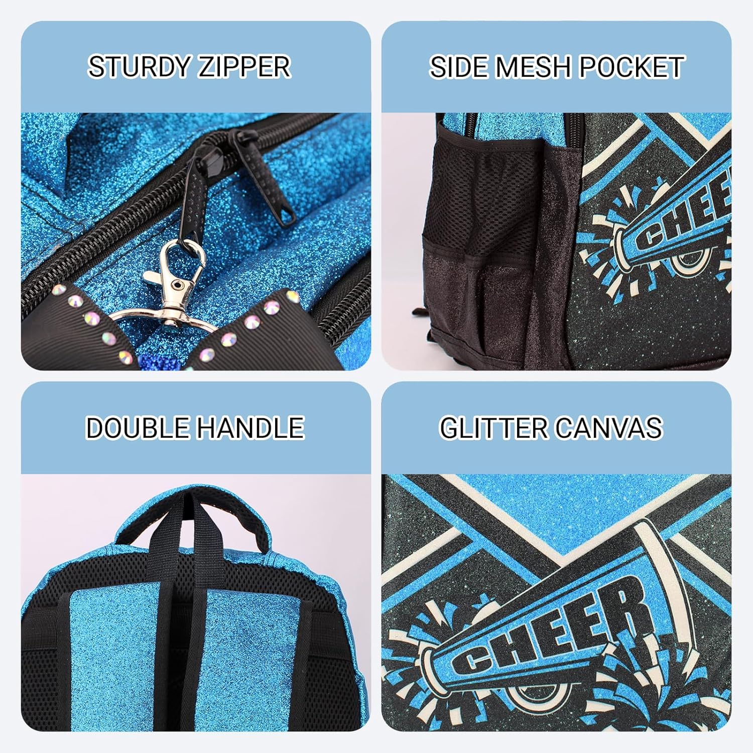 Cheer Backpack with Ribbon Keychain, Glitter Cheerleading Backpack for Women, Cheerleader Gifts (Blue) - Image 5