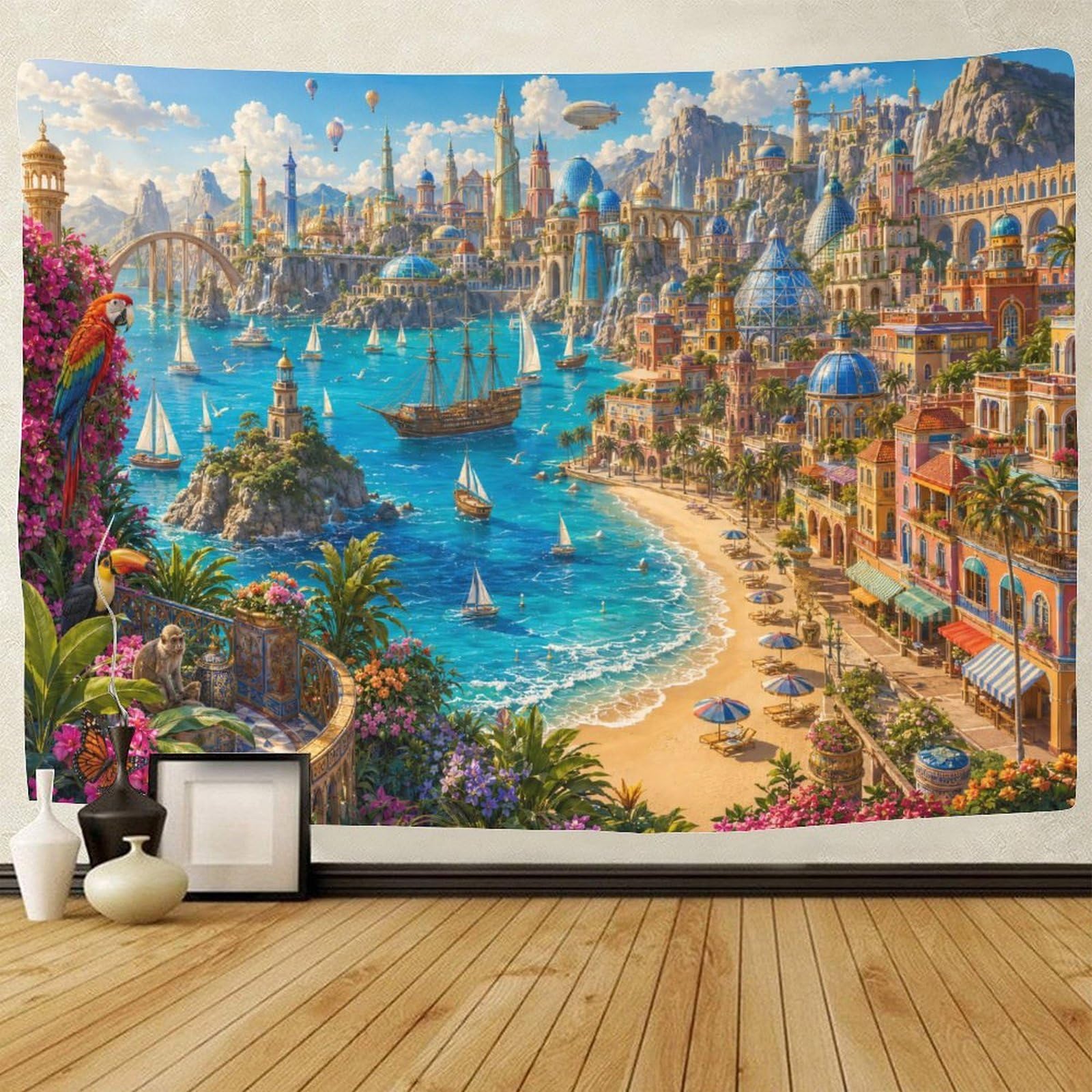 GPMNBCXZK Futuristic Fantasy City Harbor Tapestry for Bedroom 3D Print Wall Hanging Decor Tapestries Poster Home Decoration Bedroom Dorm 130cmx150cm