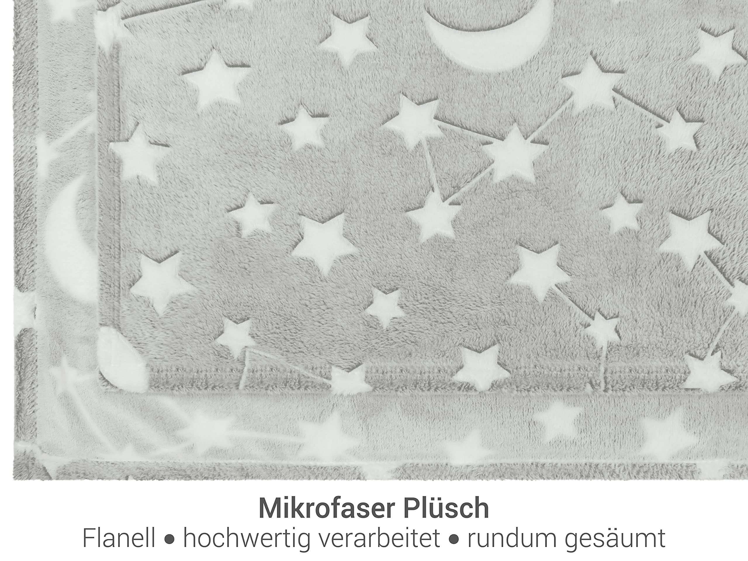 Kuscheldecke - leuchtet im Dunkeln - weich und flauschig 1261.1661, ca. 150 x 200 cm, Mond und Sterne grau