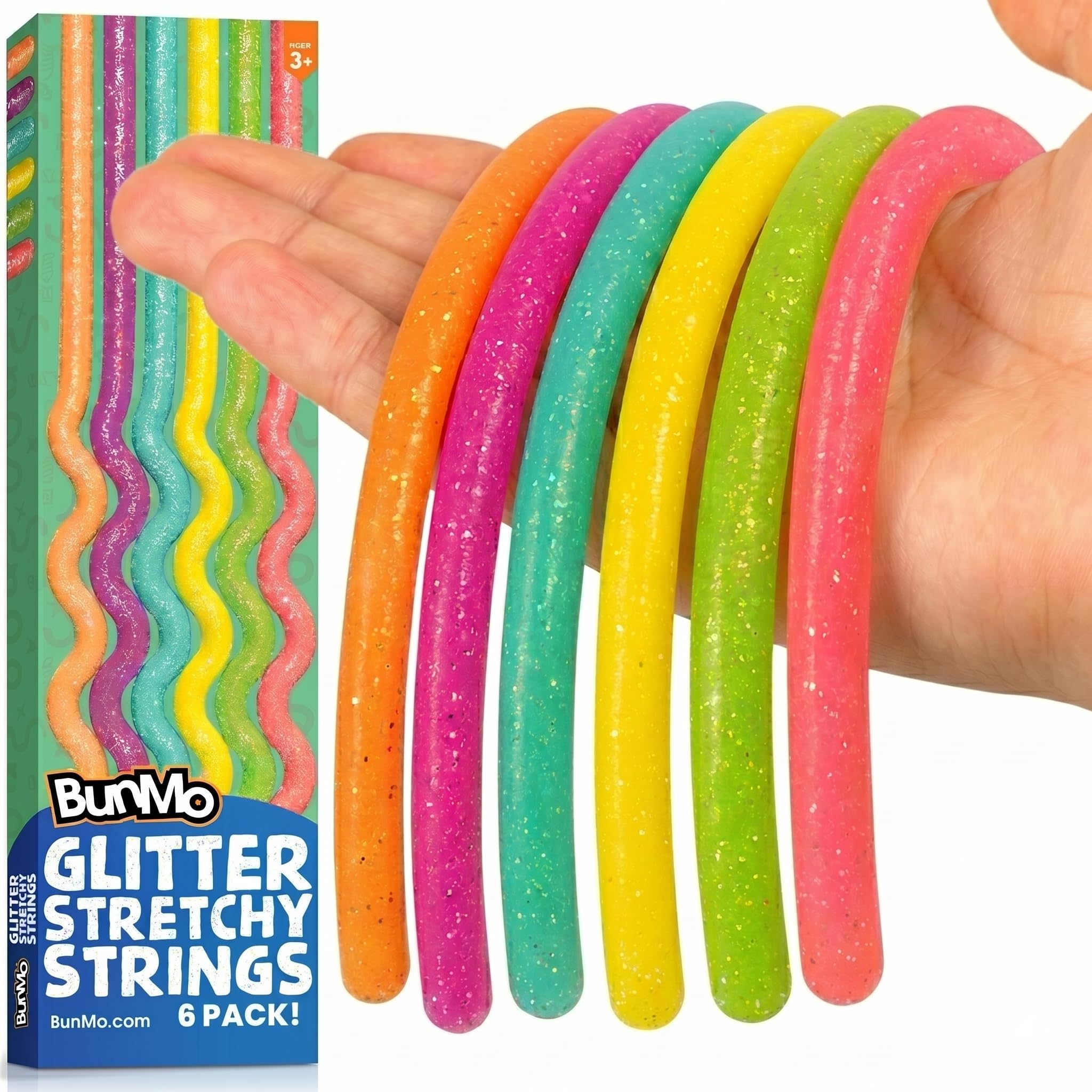 BUNMO Sensory Toys Stretchy Strings for 3+ - Stimulating &amp; Addictive Fidget Toys for Kids - Hours of Fun for Kids - Non-Mouthable Toy 3+ - Glitter 6 Pack