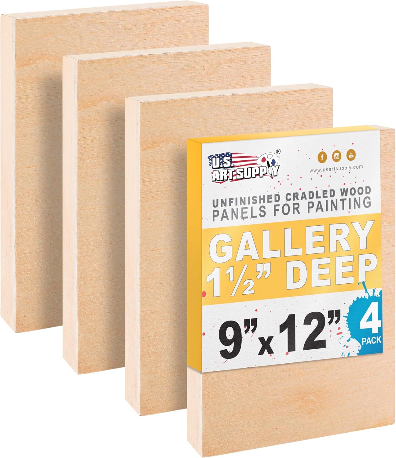 U.S. Art Supply Paneles de madera acunados sin terminar para pintar, paquete de 4 tableros de lienzo de madera de abedul de galería de 1-12 pulgadas