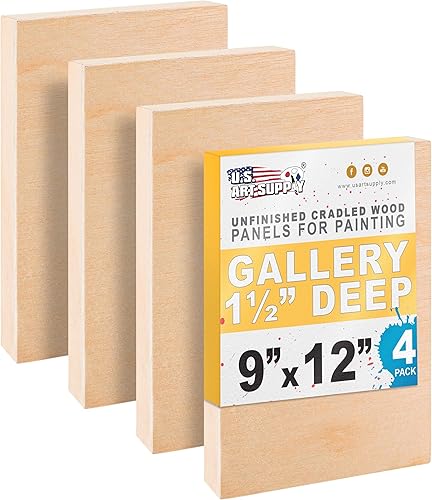 U.S. Art Supply Paneles de madera acunados sin terminar para pintar, paquete de 4 tableros de lienzo de madera de abedul de galería de 1-12 pulgadas