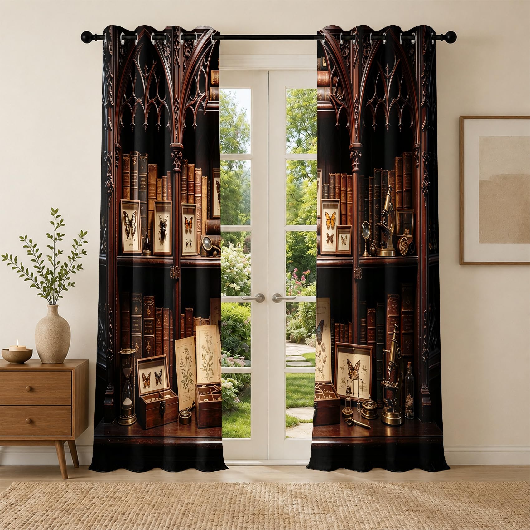 Bibliotheks-Bücherregal Vorhang Blickdicht H 240 x B 140 cm 2er Set | Vintage Insektenpräparat Buch Verdunklungsvorhänge Thermo mit Ösen, Fenster Deko Gardinen für Schlafzimmer Wohnzimmer