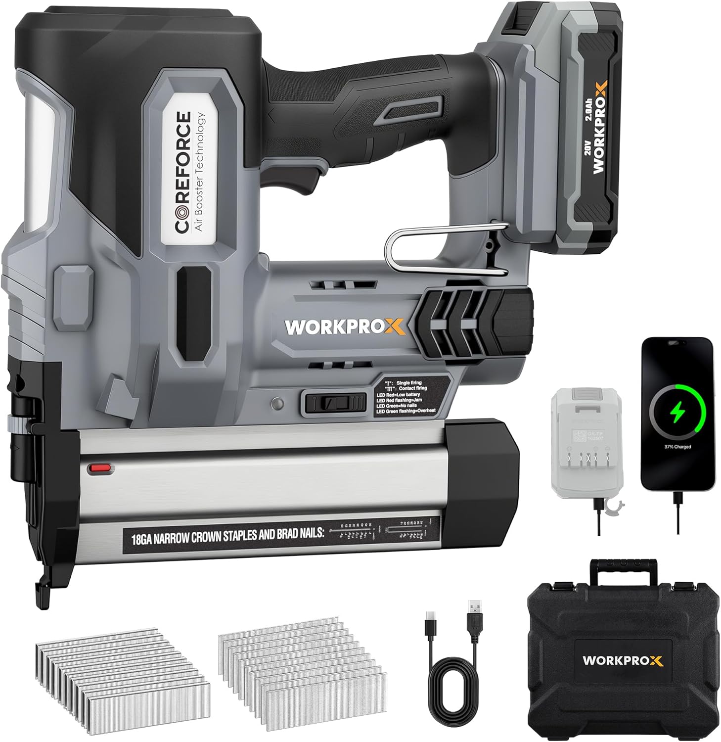 WORKPROX 20V Cordless Brad Nailer kit, 18 Gauge 2-in-1 Nail & Staple Gun with 2.0Ah Rechargeable Battery, 1000 Staples & 1000 Nails, for Woodworking, Upholstery, DIY Projects & Home Improvement