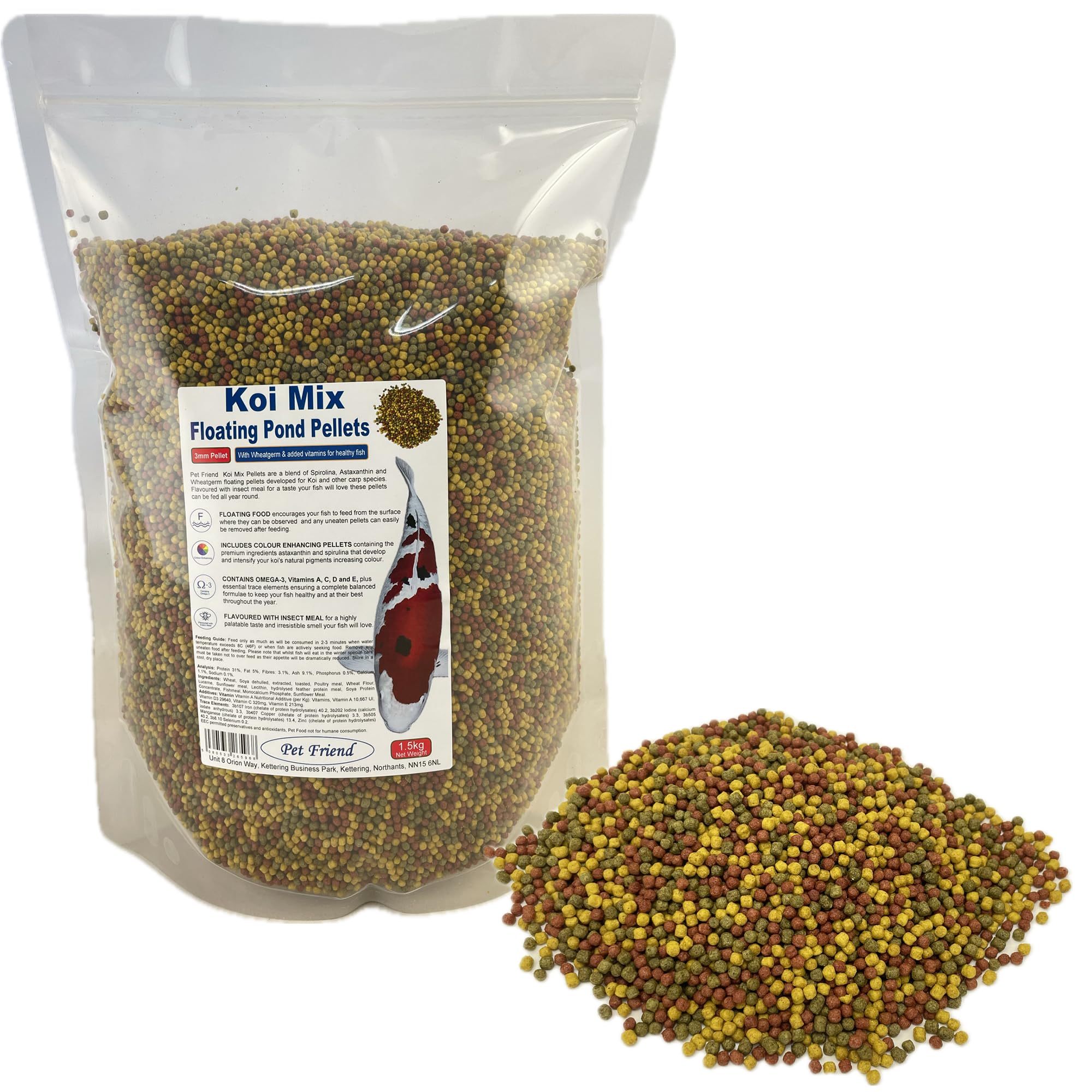Pet Friend Koi Mix Floating Pond Pellets 1.5kg (3mm) All Season Variety Fish Food; Colour Enhancing Spirulina & Easily Digested Formula for Japanese Koi Carp & Goldfish