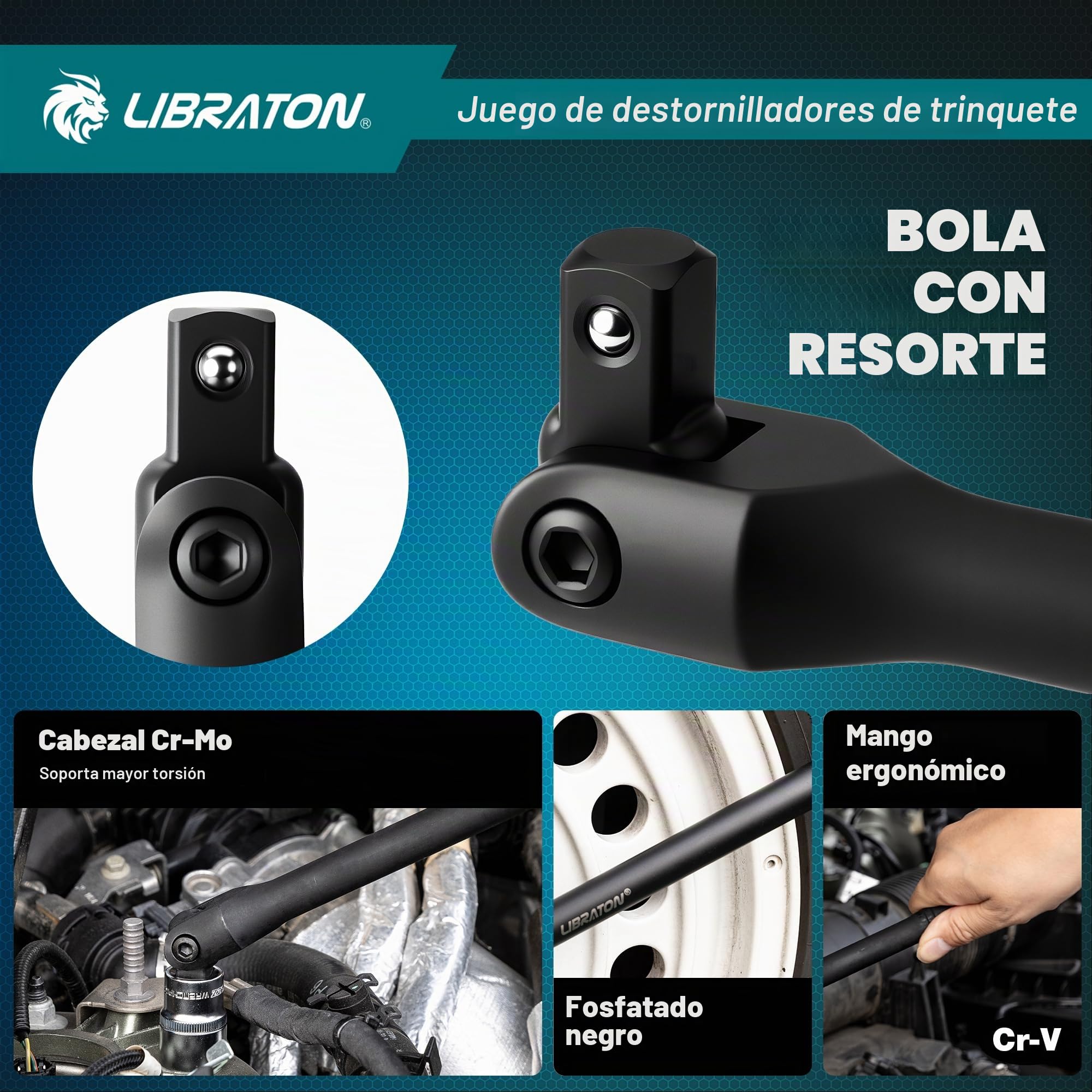 LIBRATON Llave Dinamométrica 1/2", 50-350 Nm Llave de Torque, Llave Dinamométrica Moto con Clic, Precisión ±3%, Mango Articulado 1/2", 72 Dientes de Doble Dirección Ajustable, para Moto y Coche