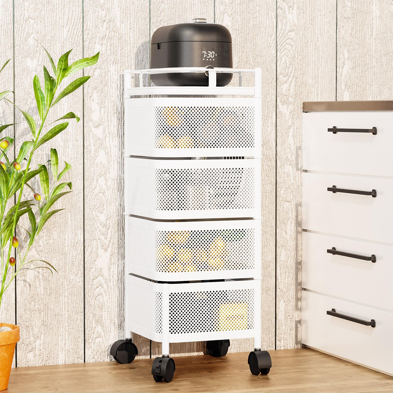 Carrello da cucina a 5 ripiani con design rotante in filo metallico e coperchio superiore, multiuso, per frutta e verdura, per cucina, soggiorno e soluzioni di archiviazione