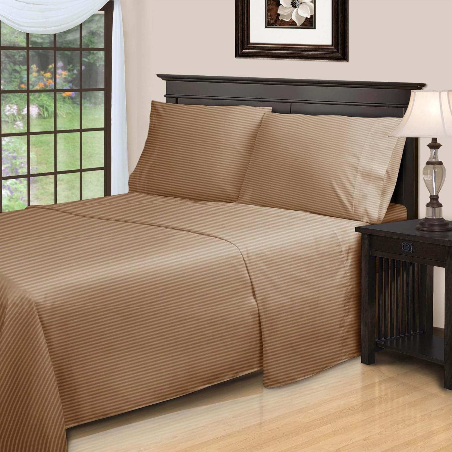 Superior Egyptian Cotton 650 Thread Count Bed Sheet Set, 1 Elastic Deep Pocket Fitted Sheet, 1 Flat Sheet, 2 Pillowcases, Daily Sheets, Luxury Home Essentials, Striped Design, Queen, Taupe