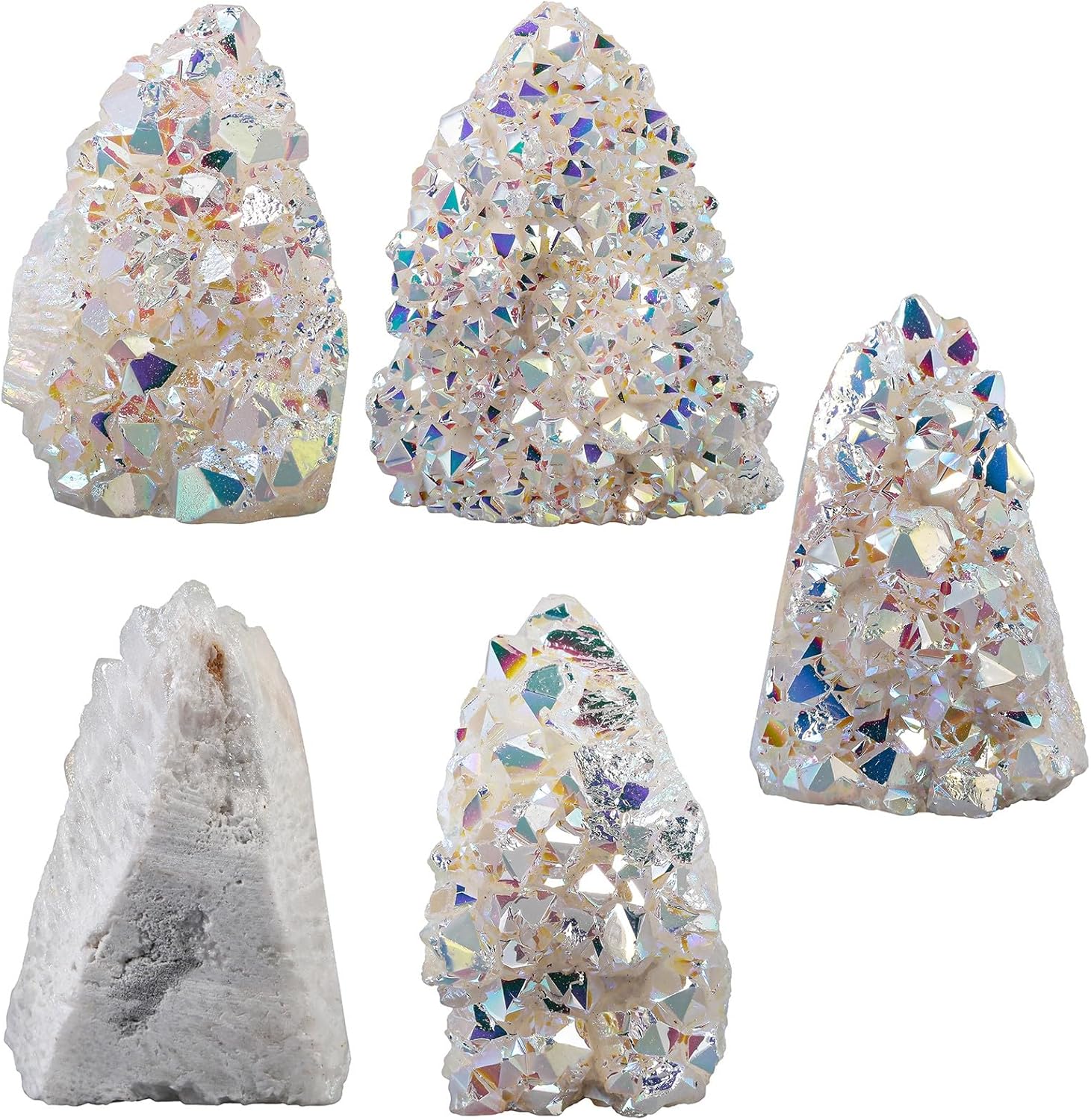 Irregularly White AB Titanium Coated Rock Quartz Cluster Mineral Specimen, Reiki Healing Rock Crystal Geode for Stone Collection and Home Decor, White