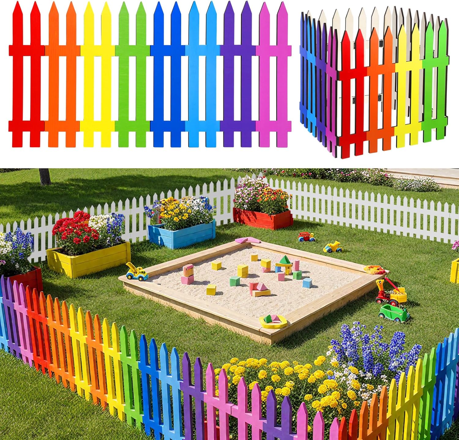 Chunful 16 Pcs Wooden Garden Fence Garden Border Edging Decorative 15.7" H x 63" Landscape Border Edging Ornamental Fence for Home School Lawn Flower Beds(Rainbow)