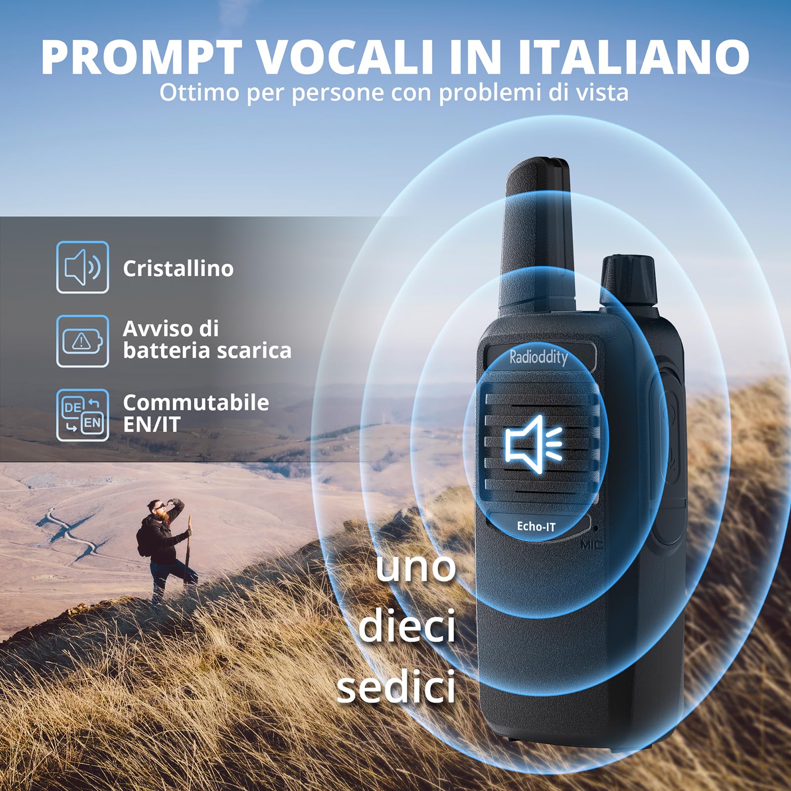 Radioddity Echo-IT Walkie Talkie PMR446 Senza Licenza, Voce in Italiano,Compatti Radio Portatile con Batteria 1200 mAh ricaricabili, USB‑C, VOX, CTCSS/DCS, Squelch Regolabile, 2 pezzi