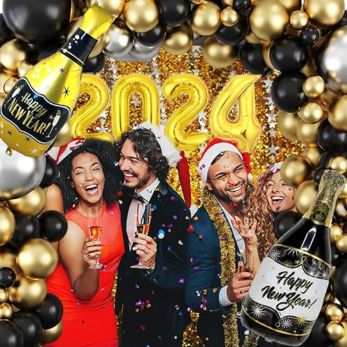Miniatura 4 de Kit de arco de guirnalda de globos de botella de champán de Año Nuevo, 119 globos metálicos plateados cromados dorados y negros con globos de