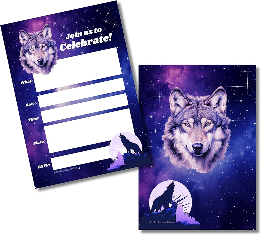 amazon-com-wolf-galaxy-birthday-party-invitations-20-count-with-envelopes-all-occassion-event-announcements-wolves-howling-at-the-moon-kids-adults-fill-in-the-blank-invites-home-kitchen