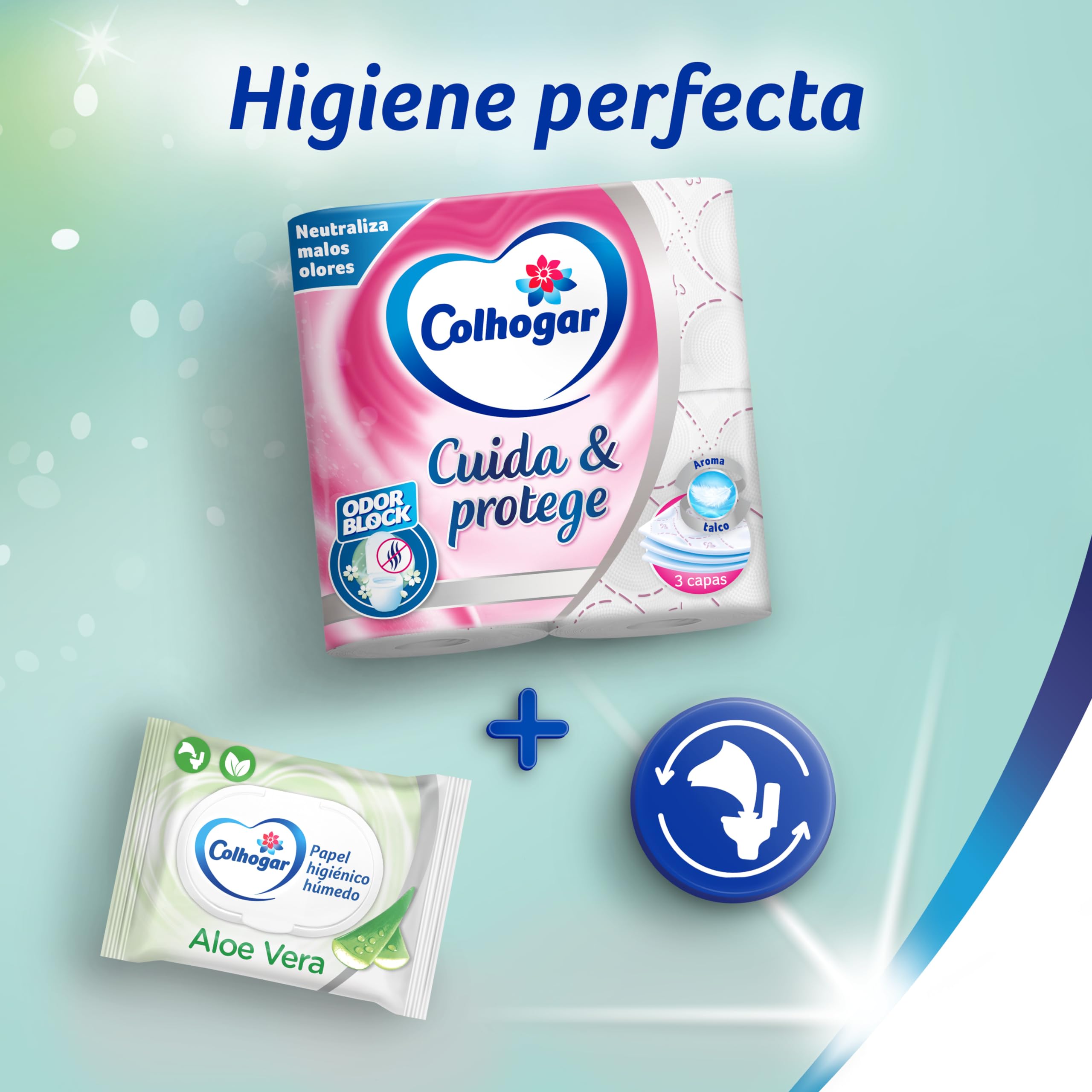Colhogar Protect Cuida&Protege Odor Block 7x6 - Papel Higiénico Suave y Resistente - Paquete com 42 rollos - 3 Capas - rollos color blanco y con una fragancia talco