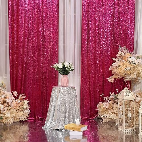 Cortinas de fondo de lentejuelas de color rosa intenso, 4 paneles de lentejuelas de 3 x 8 pies para telón de fondo, cortinas de fondo de secuencia