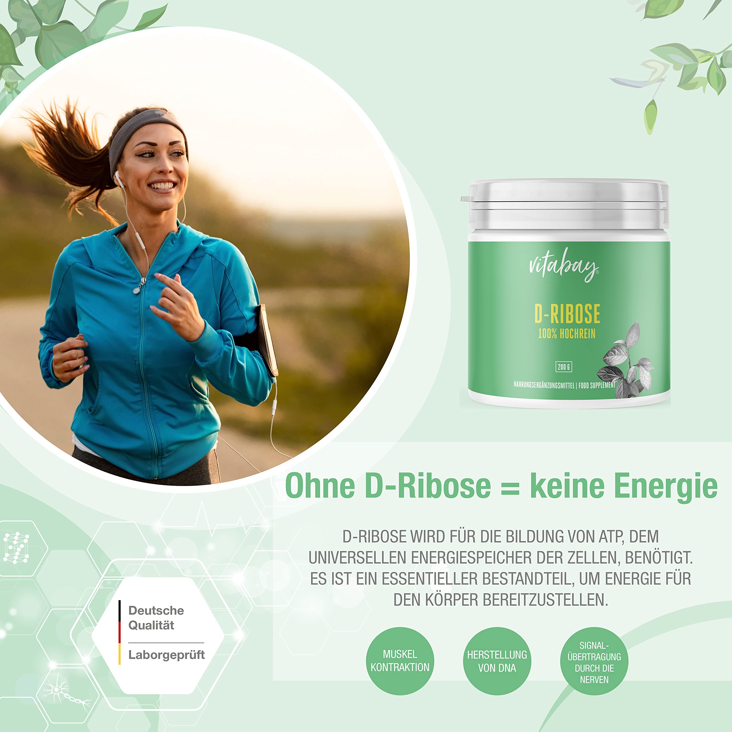 Vitabay D-Ribose Pulver 200 g | Natürlich aus Fermentation | 100% natürlich & vegan | Rein & ohne Zusätze | Laborgeprüft & hergestellt aus hochwertigen Rohstoffen