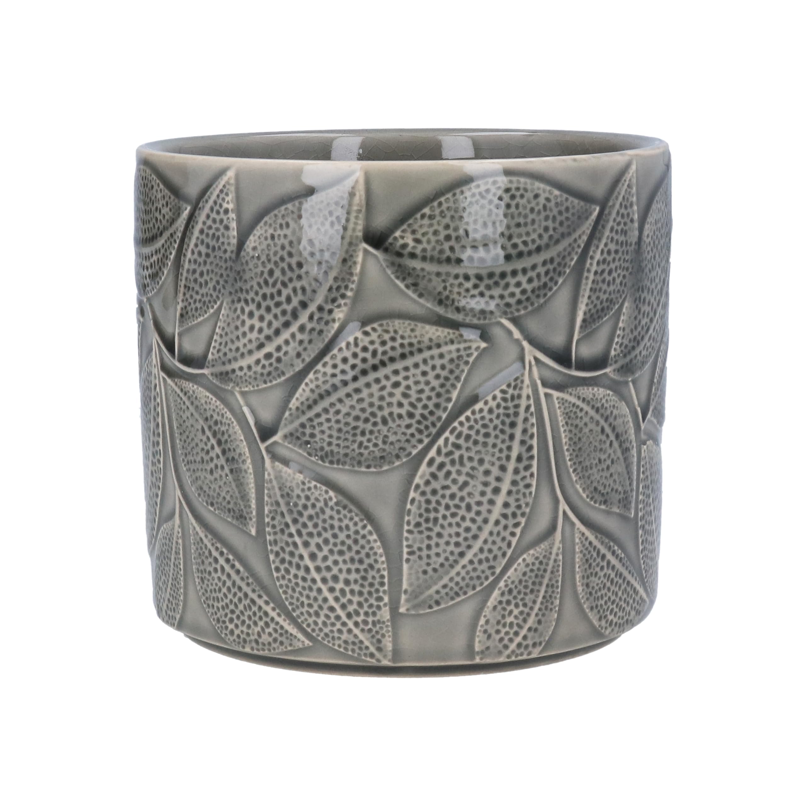 Gisela Graham Stoneware Plant Pot Cover, Grey Leaves Pattern, 17cm x 15cm, Glazed