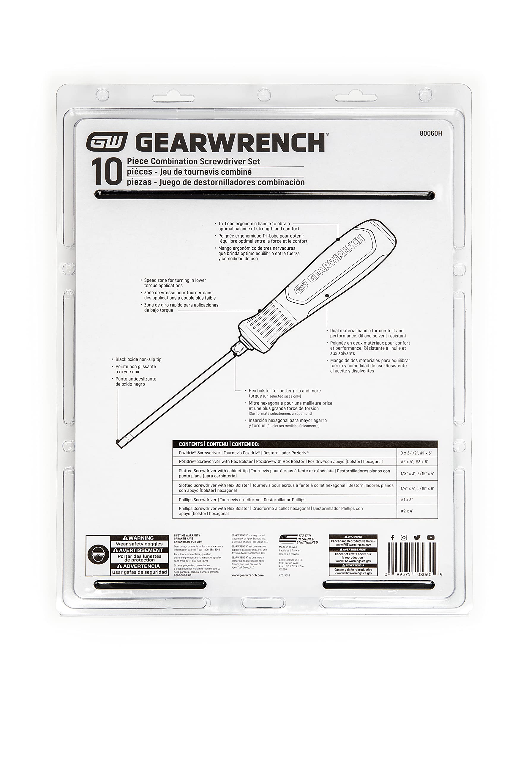 GEARWRENCH Juego de 10 destornilladores Phillips/ranurados/Pozidriv de doble material - 80060H